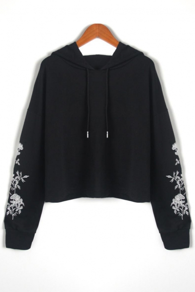 New Arrival Floral Embroidered Long Sleeve Leisure Cropped Hoodie