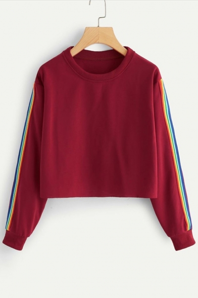 Rainbow Striped Patched Round Neck Long Sleeve Cropped Sweatshirt