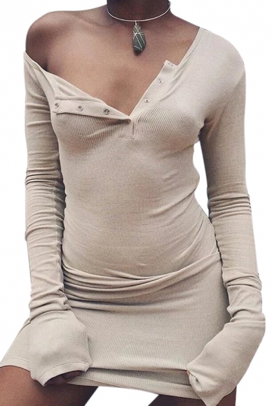 Sexy Round Neck Button Front Ribbed ...