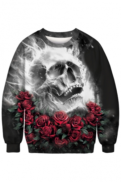 Skull Rose Printed Round Neck Long Sleeve Loose Sweatshirt
