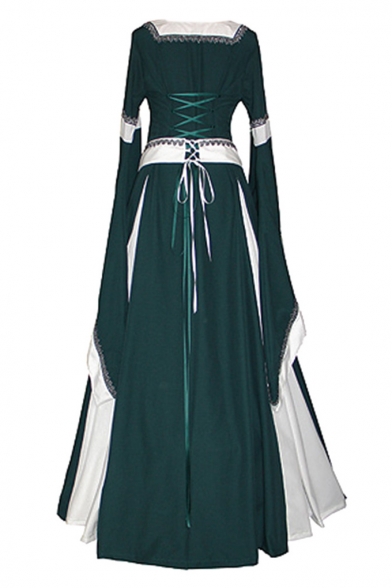 Square Neck Flare Sleeve Color Block Patchwork Vintage Maxi A-Line Dress