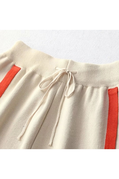 Wide Leg Drawstring Waist Knit Contrast Striped Leisure Pants