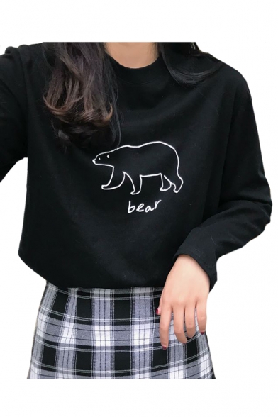 BEAR Letter Animal Printed Round Neck Long Sleeve T-Shirt