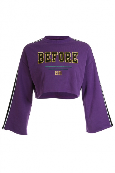 BEFORE Letter Embroidered Color Block Long Sleeve Round Neck Crop Sweatshirt