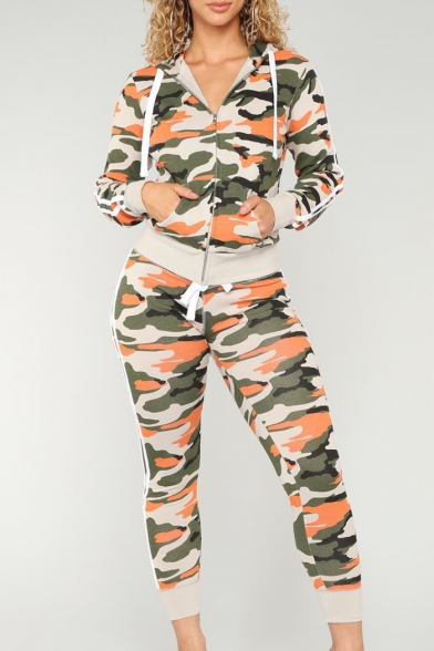 Camouflage Contrast Striped Side Long Sleeve Zip Up Hoodie with Skinny Pants Sports Co-ords
