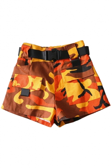 Camouflage Printed High Waist Leisure Shorts with Cargo Pockets
