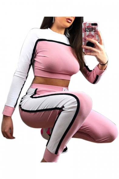 Color Block Contrast Striped Round Neck Long Sleeve Crop Top with Drawstring Waist Slim Pants Sports Co-ords