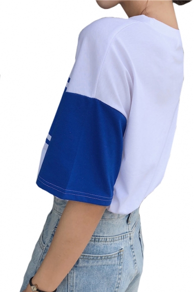 Color Block YOURSELF Letter Printed Round Neck Short Sleeve T-Shirt