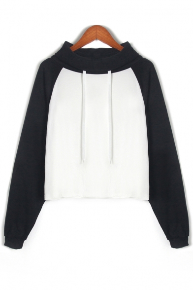 Drawstring Mock Neck Color Block Raglan Sleeves Cropped Sweatshirt