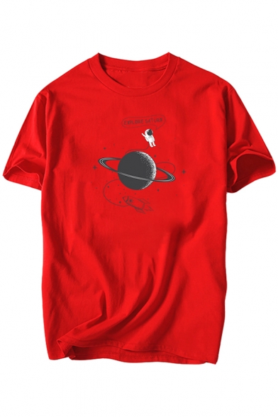 EXPLORE Letter Astronaut Planet Printed Round Neck Short Sleeve T-Shirt