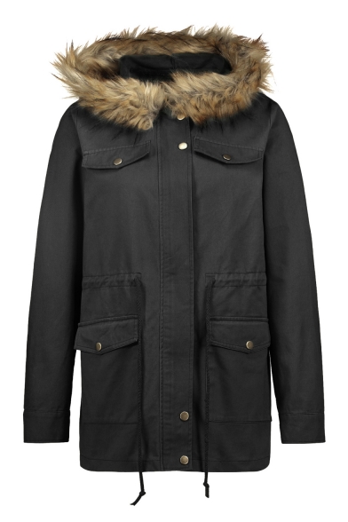 Faux Fur Trim Hood Plain Long Sleeve Zip Closure Parka Coat