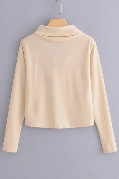 Knotted Collar Reversible Plain Long Sleeve Cropped Blouse