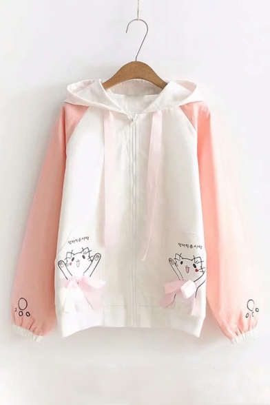 Korean Cat Printed Color Block Long Sleeve Zip Up Hooded Jacket