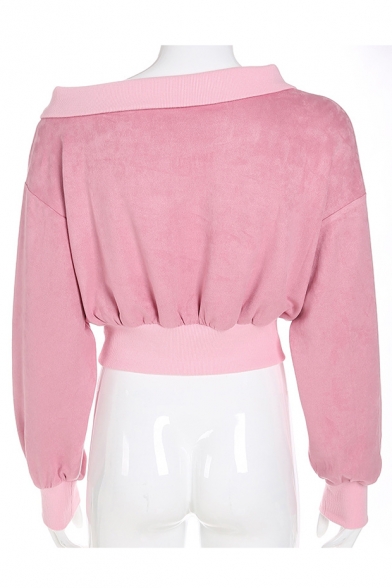 Letter Embroidered One Shoulder Long Sleeve Contrast Piping Cropped Sweatshirt