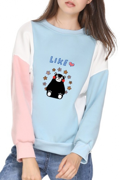 LIKE Letter Cartoon Bear Print Color Block Round Neck Long Sleeve Sweatshirt