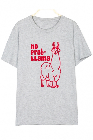 NO Letter Lamb Printed Round Neck Short Sleeve Tee