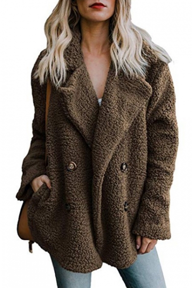 Notched Lapel Collar Long Sleeve Plain Double-Breasted Faux-Fur Coat