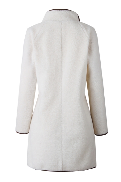 Stand Collar Contrast Trim Patch Zip Placket Long Sleeve Plush Coat