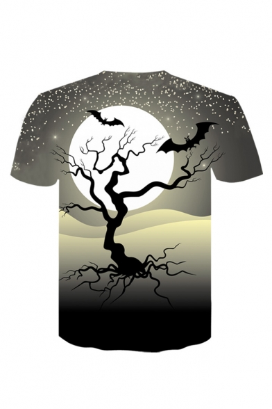 Tree Moon Print Round Neck Short Sleeve T-Shirt