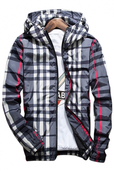 Trendy Plaid Printed Long Sleeve Zip Up Hooded Jacket