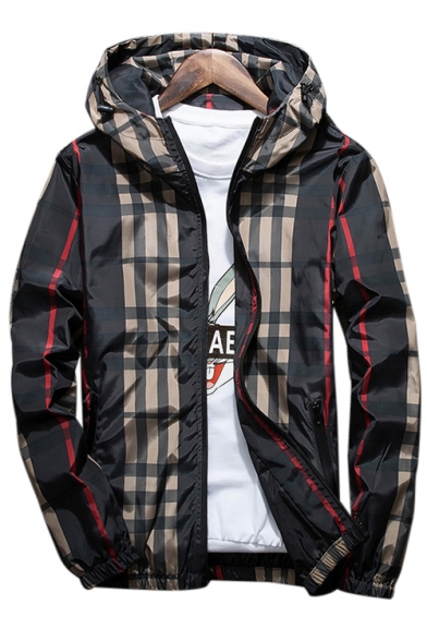 Trendy Plaid Printed Long Sleeve Zip Up Hooded Jacket