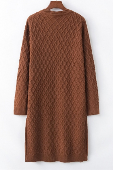 V Neck Plain Long Sleeve Split Side Midi Sweater Dress