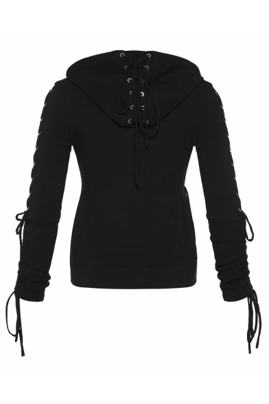 Zip Front Long Sleeve Lace Up Detail Plain Leisure Cropped Hoodie