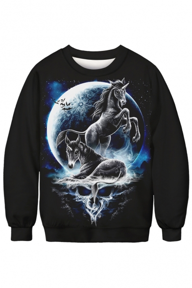 3D Moon Unicorn Print Round Neck Long Sleeve Sweatshirt