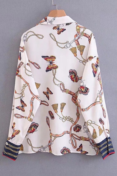 Baroque Style Butterfly Chain Print V Neck Long Sleeve Pullover Shirt