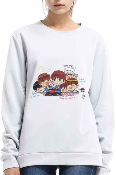 Cartoon Character Printed Round Neck Long Sleeve Pullover Sweatshirt for Women