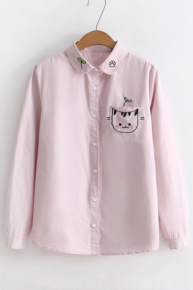 Cat Embroidered Chest Pocket Lapel Collar Long Sleeve Button Closure Shirt