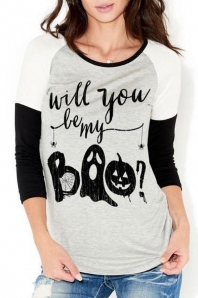 Color Block Halloween Series Letter Printed Round Neck 3/4 Length Sleeve Casual Tee