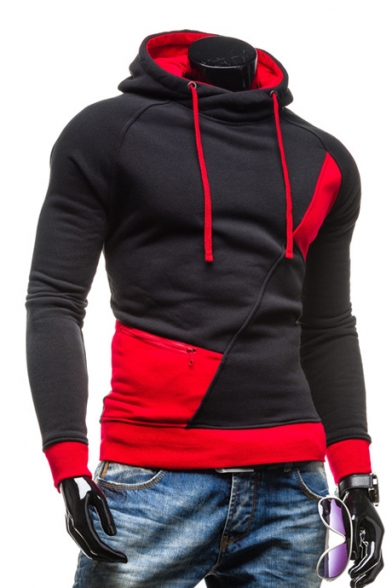 Color Block Long Sleeve Zipper Detail Slim Hoodie for Men