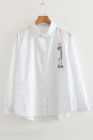 Cute Cat Fish Balloon Embroidered Pocket Striped Lapel Collar Long Sleeve Button Front Shirt