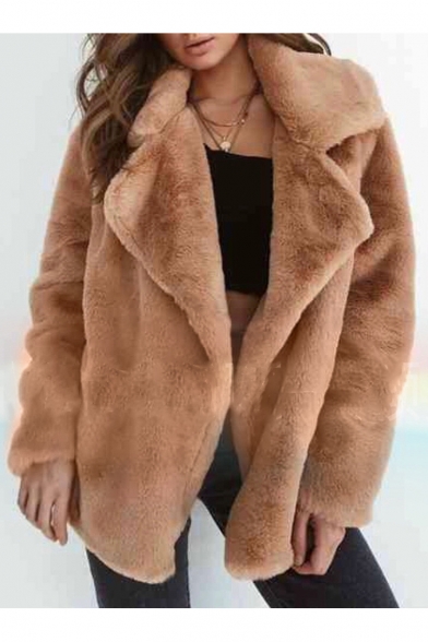 Faux Fur Notched Lapel Collar Plain Long Sleeve Open Front Winter Coat