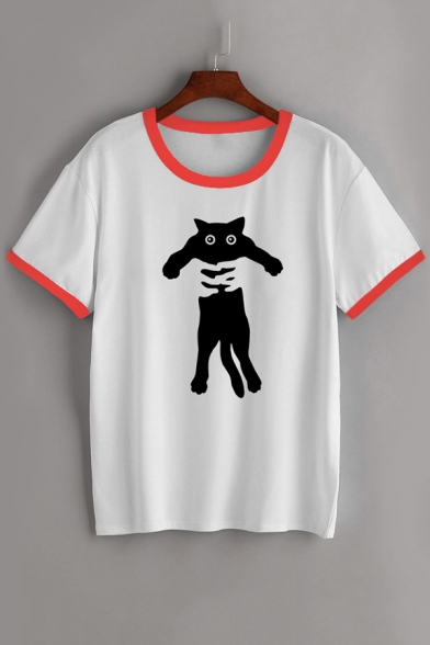 Hand Cat Printed Contrast Trim Round Neck Short Sleeve T-Shirt