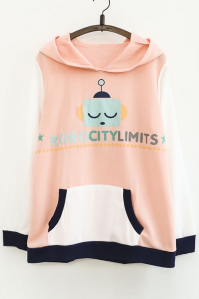 Letter Robot Print Color Block Long Sleeve Casual Hoodie