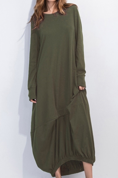Loose Comfort Plain Round Neck Long Sleeve Maxi A-Line Dress