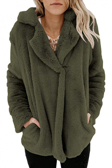 Notched Lapel Collar Plain Long Sleeve Faux Fur Warm Jacket
