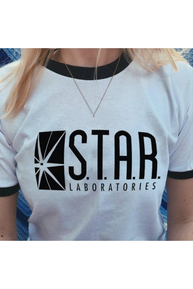 STAR Letter Graphic Printed Contrast Trim Round Neck Short Sleeve Tee