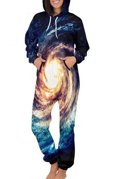Universe Galaxy Printed Long Sleeve Hooded Jumpsuit