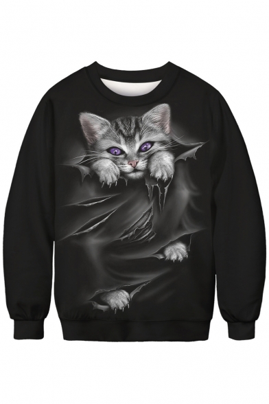 3D Scratch Cat Print Round Neck Long Sleeve Sweatshirt