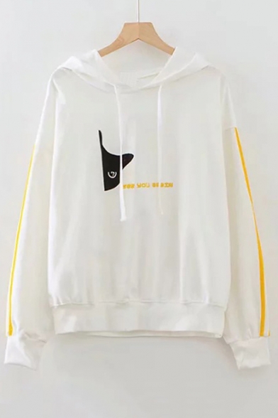 Cat Letter Embroidered Contrast Striped Patched Long Sleeve Leisure Hoodie