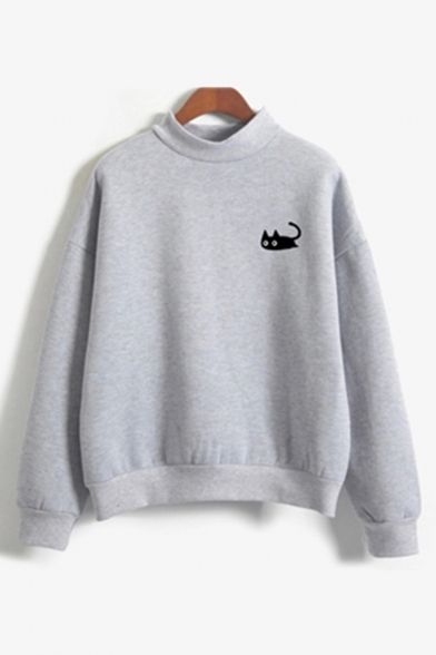 Cat Print Crew Neck Long Sleeve Pullover Sweatshirt