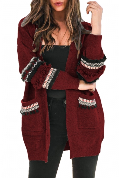 Collarless Open Front Contrast Trim Patch Long Sleeve Pom Pom Embellished Cardigan