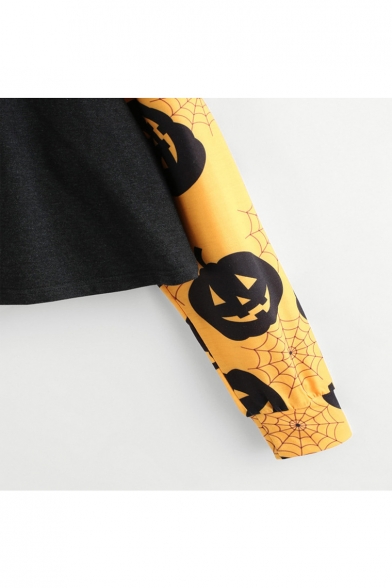 Color Block Pumpkin Printed Long Sleeve Cropped Hoodie