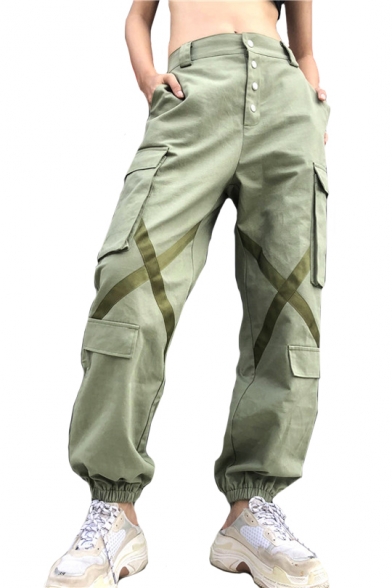 Cross Straps Patched Button Fly Loose Cargo Pants