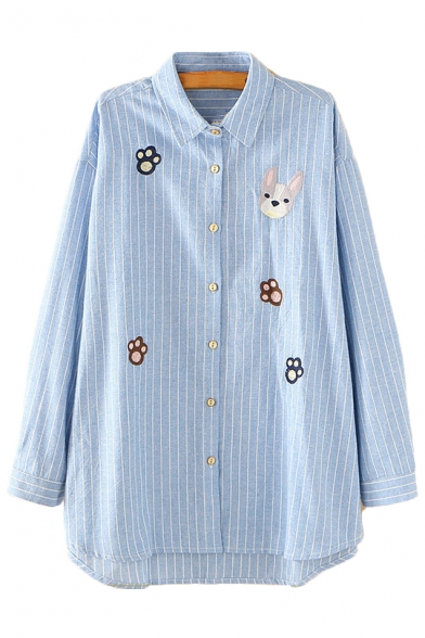 Dog Pow Embroidered Striped Printed Lapel Collar Long Sleeve Button Front Leisure Shirt