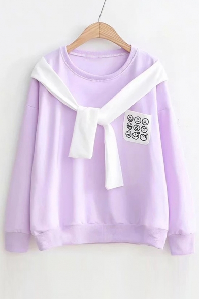 Emoji Embroidered Pocket Round Neck Knotted Front Long Sleeve Sweatshirt