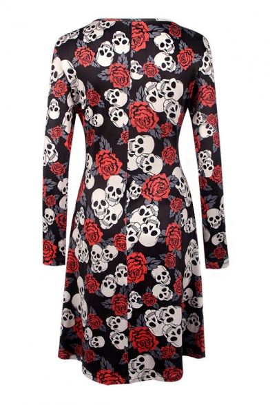 Floral Skull All Over Print Round Neck Long Sleeve Midi A-Line Dress